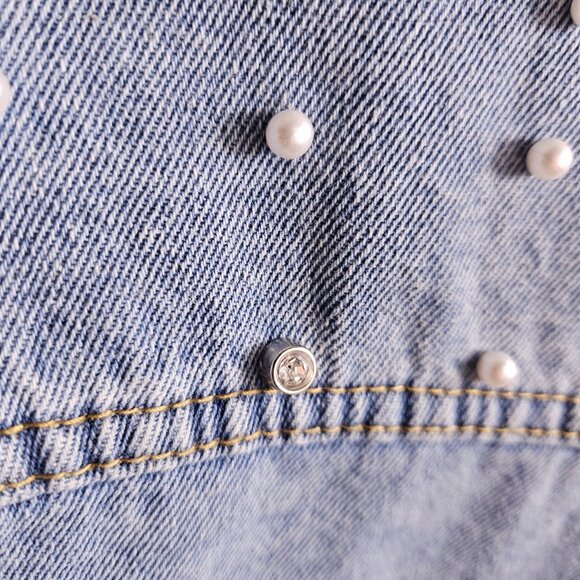 Medium Wash Pearl and Diamond Embellished Denim Jacket - Picture 3 of 6